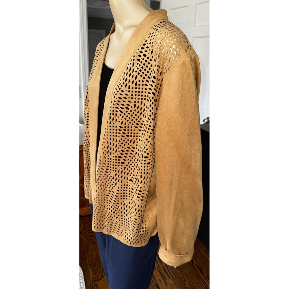 Chicos Faux Suede Laser Cut Perforated Open Front Jacket Tan Camel Size 3 XL